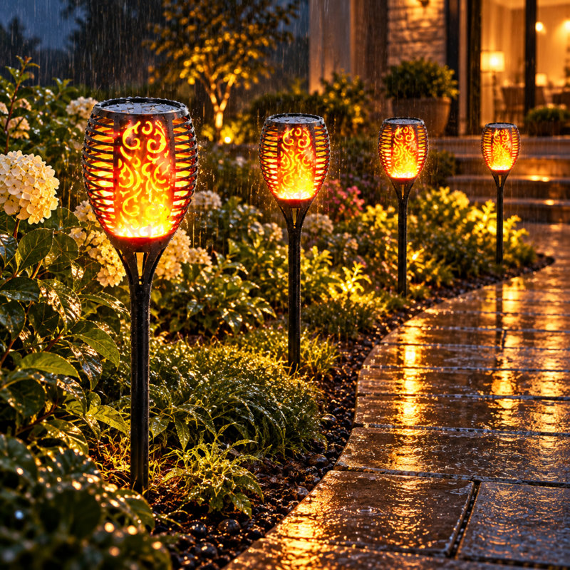 Lampes de poche solaires d'extérieur avec 96 DEL à effet flamme dansante, résistantes aux intempéries, pour l'éclairage des allées de jardin.