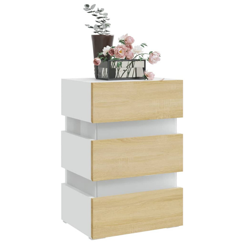 LED Bedside Cabinet Engineered Wood, White, Sonoma Oak