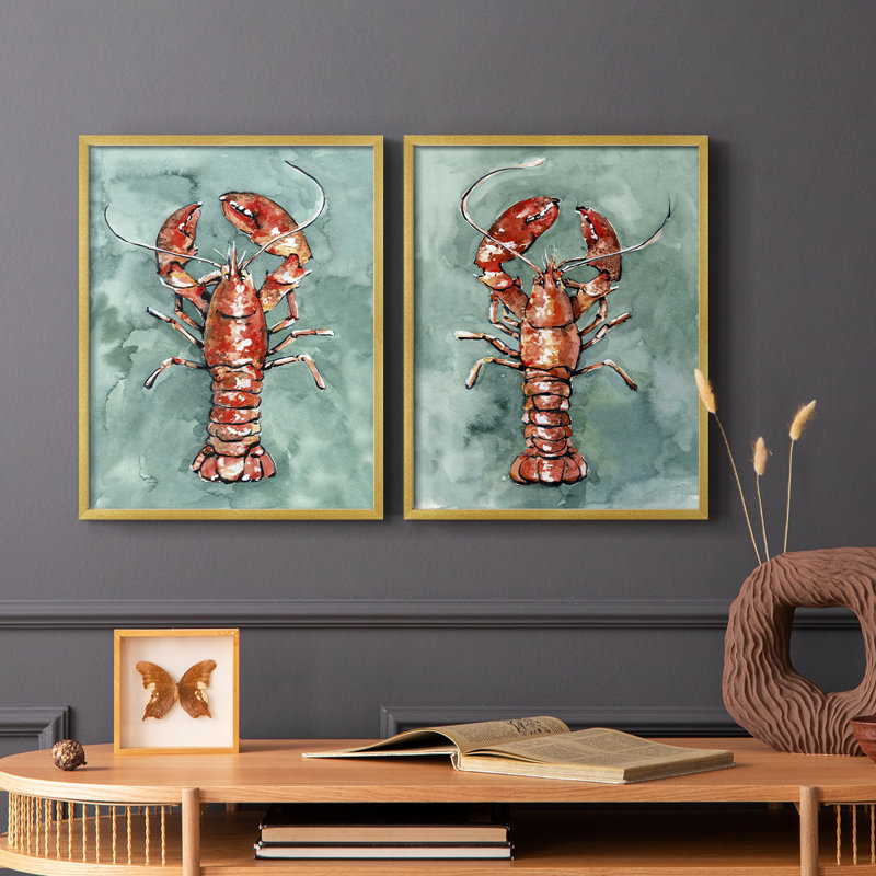 Aquarelle de homard I - impression encadrée de qualité supérieure - prête à être accrochée - aucun clou requis - aucun clou requis