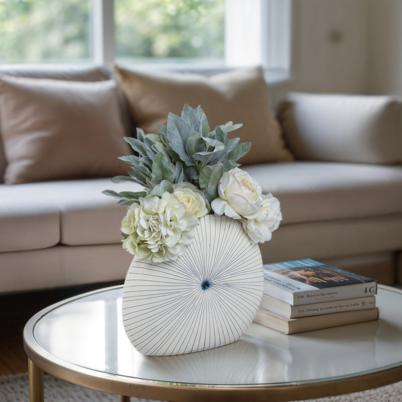 Vase rond en céramique pour décoration de salon - Vase à fleurs élégant à pois, H 12 po x l 14 po x P 5 po, Blanc / Bleu