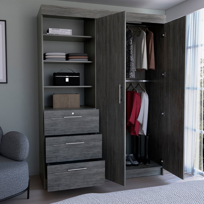 Armoire à 3 niveaux avec tablettes et tiroirs avec poignées en métal