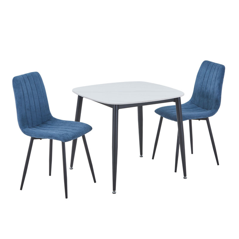 Aspen Sintered Stone Square Table with 2 Straight Stitch Upholstered Fabric Chairs - Modern Dining Set, Blue