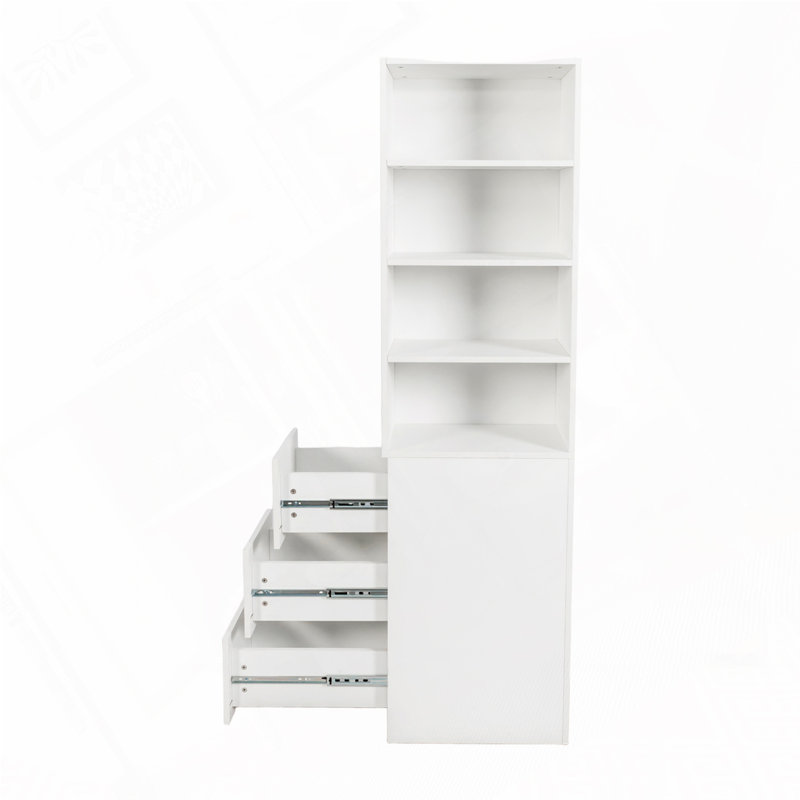 Vitrine, étagère à 4 niveaux, 3 tiroirs latéraux, Blanc