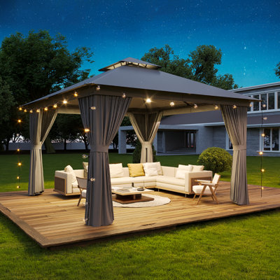 Outdoor Gazebo Canopy with Netting and Curtains 12'x12', 150G Water-Resistant and UPF 50+ Fabric Patio Canopy with Double Roof,Steel Frame Supports 250 lb.
