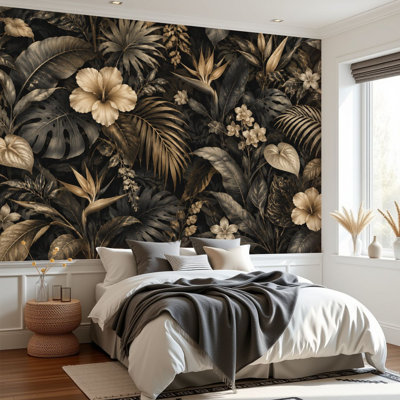 Papier peint adhésif à motif floral tropical, hibiscus et feuilles exotiques aux tons chauds, 175 cm (H) x 244 cm (L), amovible, en PVC, pour chambre, salon ou bureau.