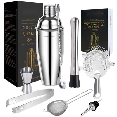 Cocktail Shaker Set, Stainless Steel Bartending Kit With 25 Oz Martini Shaker, Jigger, Strainer, Mixing Spoon, Muddler, Recipe, Professional Bar Tools