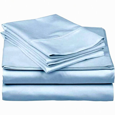 Luxury Sateen Soft Cotton Sheets Set - 600 Thread Count, Long Staple, Hotel Collection Bedding, Smooth & Breathable, Light Blue Solid, Queen Size