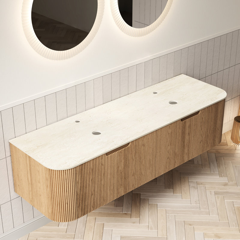 Armoire murale en contreplaqué 60 po, surface en pierre frittée romaine, 2 tiroirs avec poignées rainurées, grain de bois jointé beige,