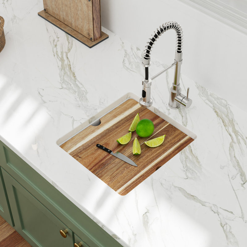 Évier de cuisine encastré en quartz 17 po x 17 po avec comptoir en granite blanc avec grille d'évier, crépine, planche à découper et séchoir à enroulement