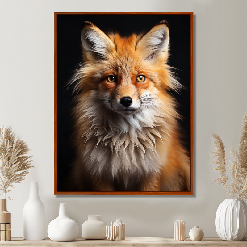 «Orange Fox Guardian», art mural renard, H 32 po x l 24 po x P 1 po, Cadre flottant brun