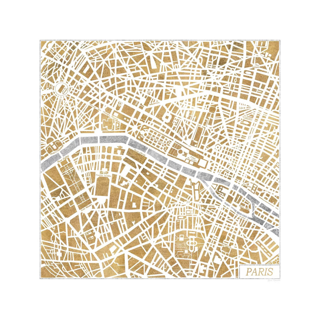 Vergoldete Paris-Karte von Laura Marshall - Galerie-verpackte Leinwand Giclée auf Leinwand