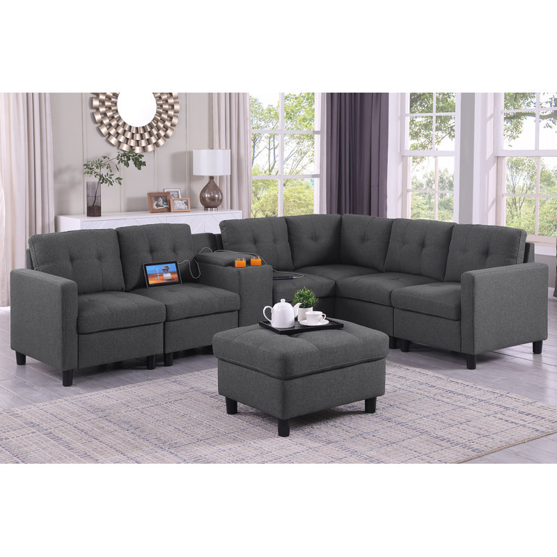 Kentrell L-Shape Sectional Sofa Couch With USB Ports & Cup Holders, Dark Gray Polyester Blend
