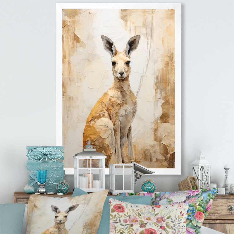 Minimal charmant kangourou sur toile, Cadre simple blanc, H 44 po x l 34 po x P 1,5 po