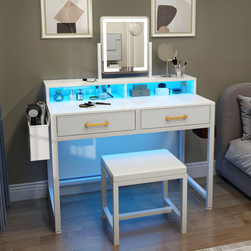 Ensemble de coiffeuse avec miroir et éclairage à DEL avec tiroirs et tablettes de rangement