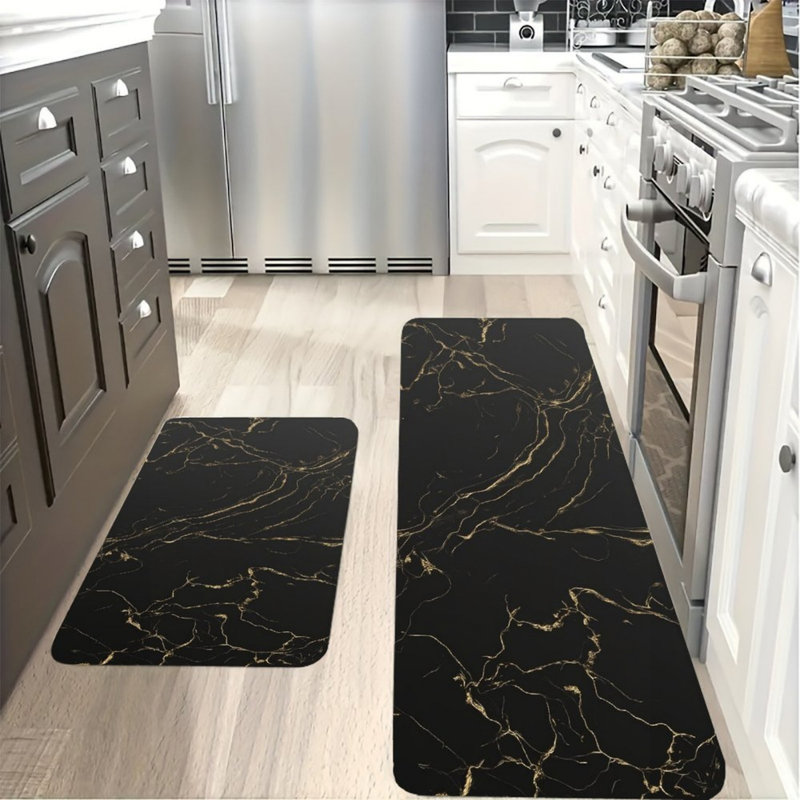 Ensemble de 2 tapis de plancher de cuisine en or noir à motif de marbre noir