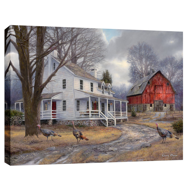 Large Gray and Red Farmhouse Scene Canvas Wall Art