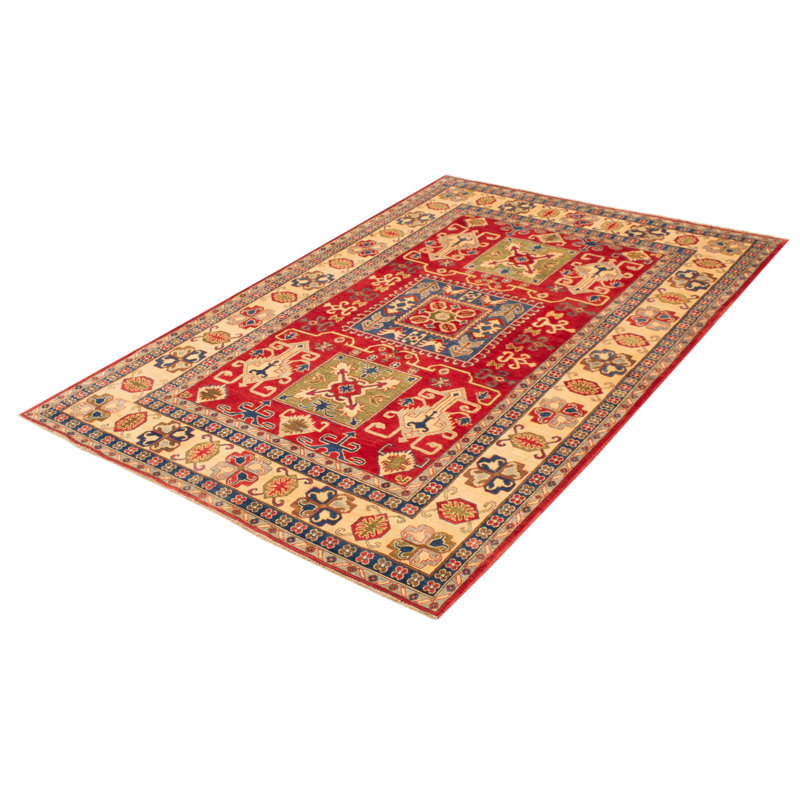 Tapis rouge / jaune / bleu noué à la main de conception unique 6 pi 7 po x 10 pi Anira