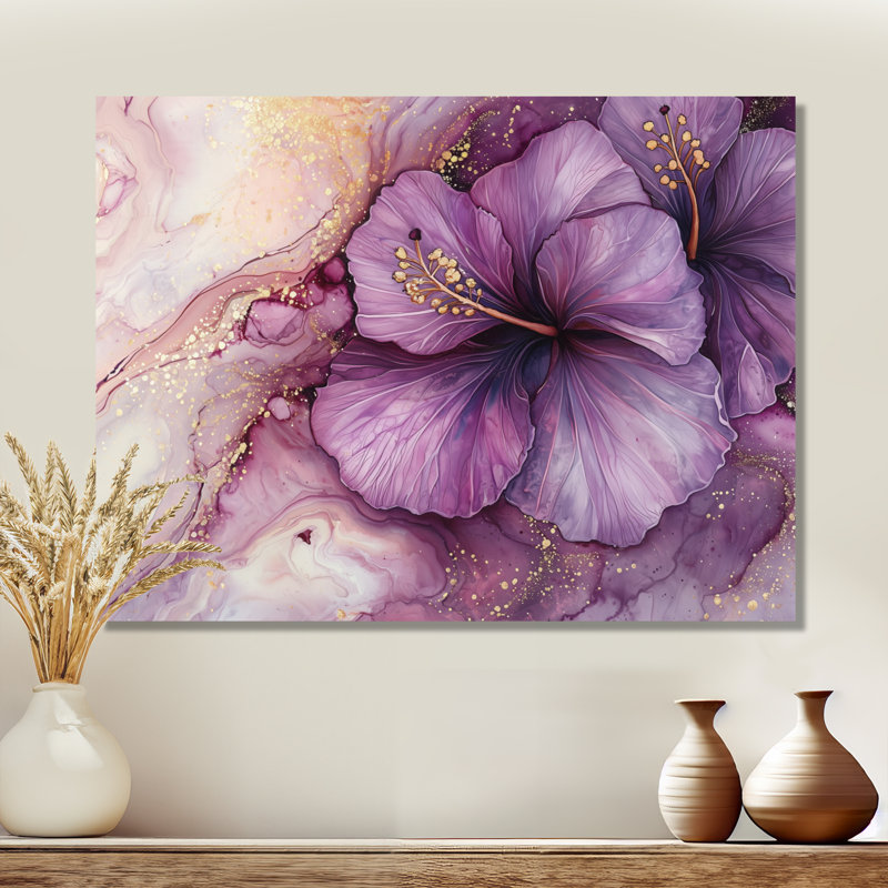Hibiscus II - mauve et doré - Hibiscus, H 24 po x l 32 po x P 0,84 po