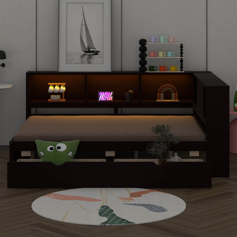 Grand lit de jour en bois avec tablettes de rangement, USB, DEL et 2 tiroirs, Brun