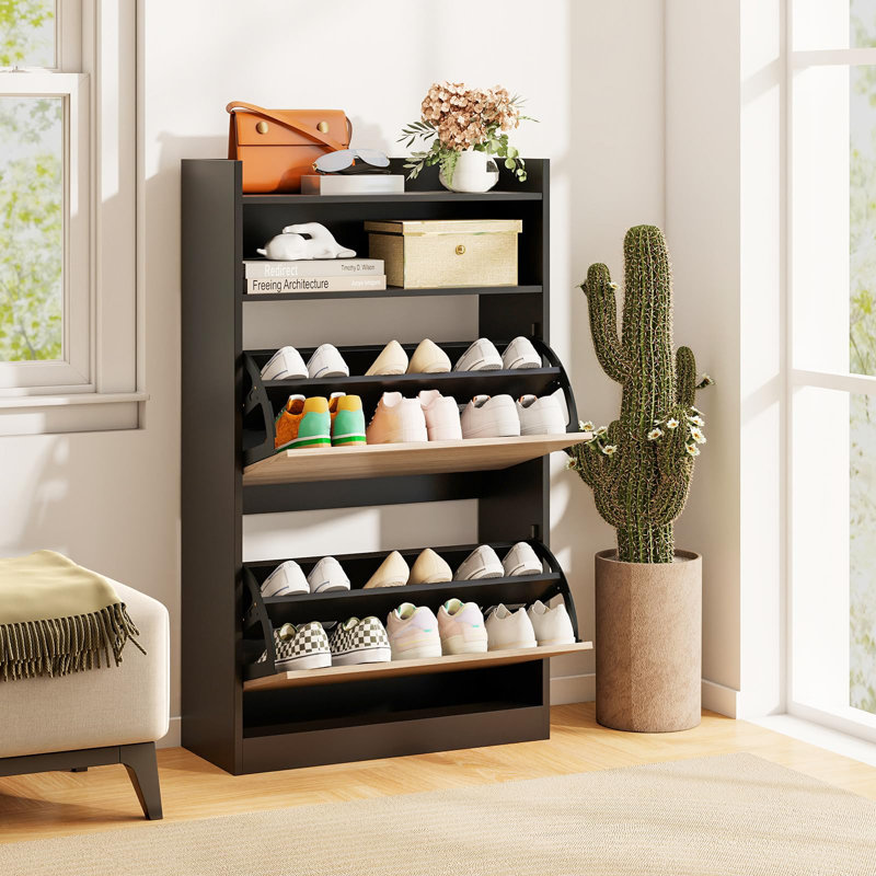 12 Pair Shoe Storage Cabinet, Black/Oak Grey