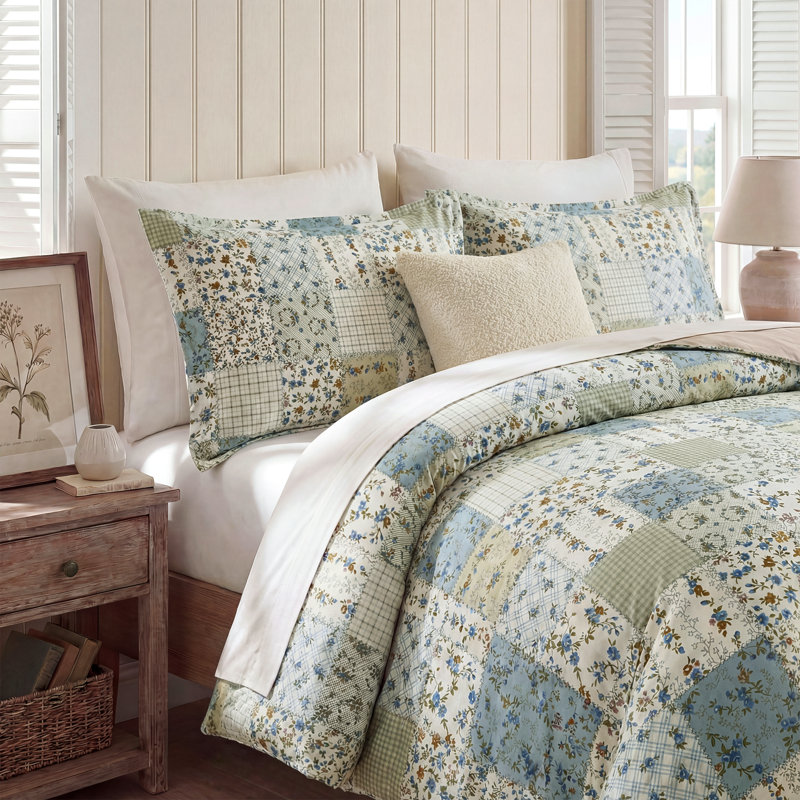 Ensemble d'édredon rétro 100% coton bleu à motif patchwork rétro Ensemble de 3 édredons toutes saisons doux et respirant (patchwork bleu, très grand)