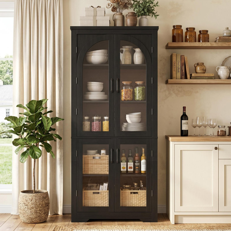 70 po - Armoire de rangement pour garde-manger 70 po - Rangement moderne avec 4 portes arquées en verre et tablettes réglables, organisateurs de placard polyvalents pour la cuisine, la salle à manger, le salon, noir
