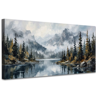 Misty Mountain Canvas Wall Art for Living Room, Panoramic Forest Lake Landscape Wrapped Canvas, Moody Nature Wall Decor for Bedroom Office Cabin, 1.5 Inch Thick Waterproof, 20×40 Inch