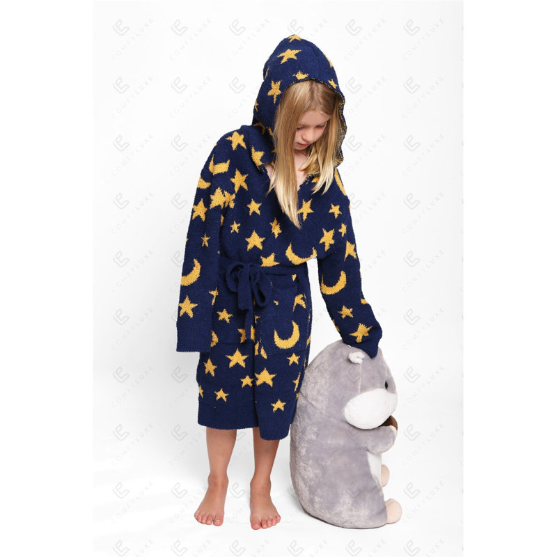 Children'S Patterned Luxury Soft Hooded Robe W/ Front Pockets Belt - NIGHT SKY