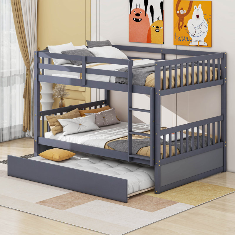Full Over Full Rubber Wood Bunk Bed With Trundle, Convertible To 2 Full Size Beds, With Twin Size Trundle, Dark Gray