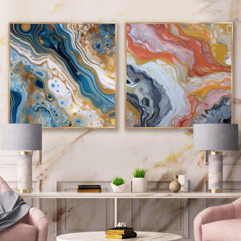 Symphonie turquoise sarcelle - ensemble de 3 collages carrés abstraits, H 16 po x l 33 po, Cadre flottant doré