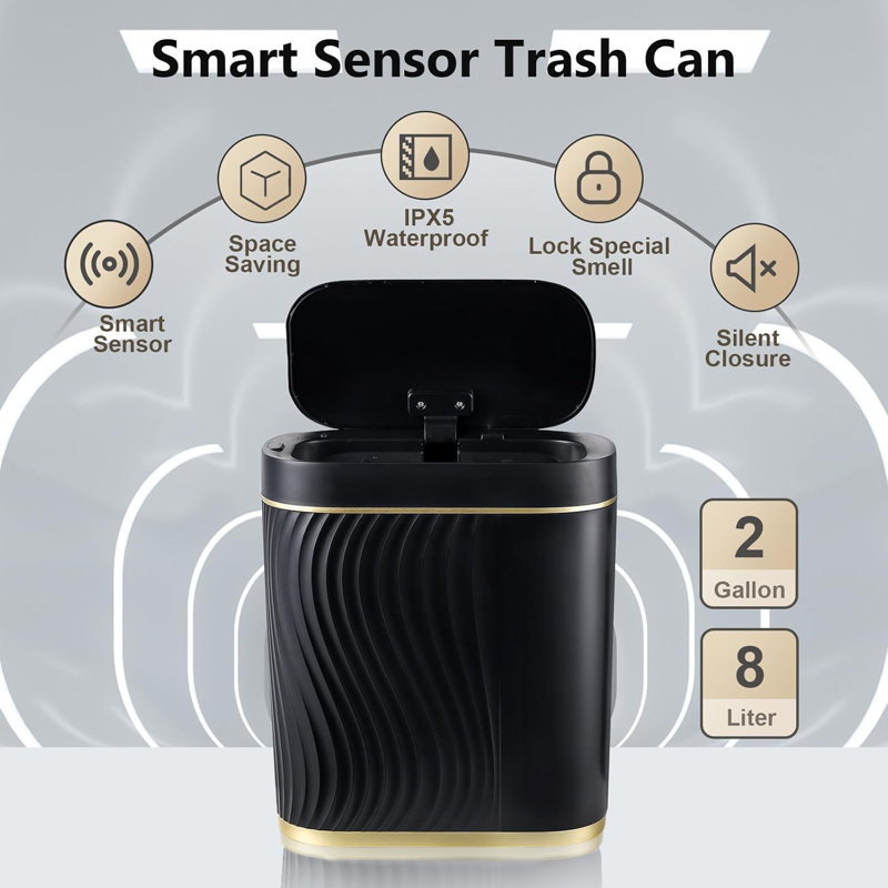 White and Gold Touchless 2 Gallon Plastic Trash Bin