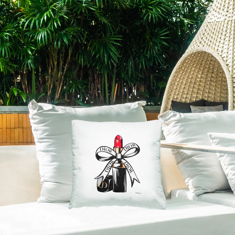 Luxury Lipstick Ribbon Outdoor Printed Pillow design by Amanda Greenwood