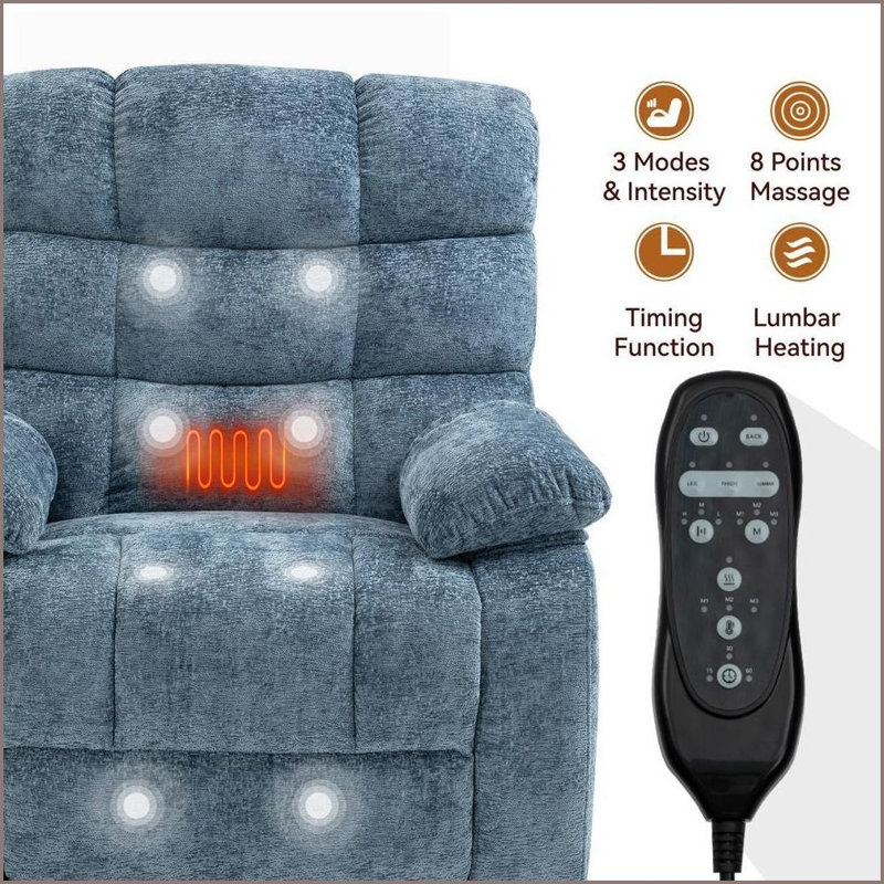 Recliners Power Lift Chair Dual Motor Infinite Position Heat Massage Oversized 350 lbs | Blue Chenille, Light Blue