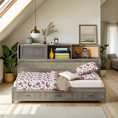 Wooden Full Size Daybed, Sofa Bed with Storage Drawers, USB Ports and Pushable Top Shelf