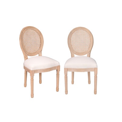 Ensemble de 2 chaises de salle à manger en bois et beige et rotin de style champêtre français, chaises d'appoint rembourrées à dossier rond en bois massif, assemblage facile pour la cuisine, le salon et le restaurant