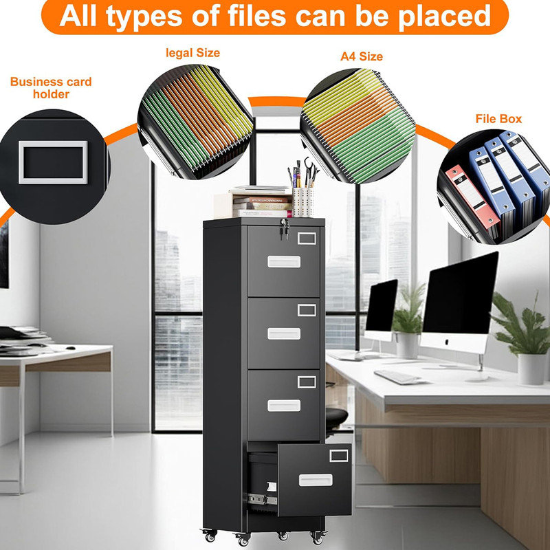 4-Drawer Rolling File Cabinet with Lock - 56" Metal Storage for Office, Black