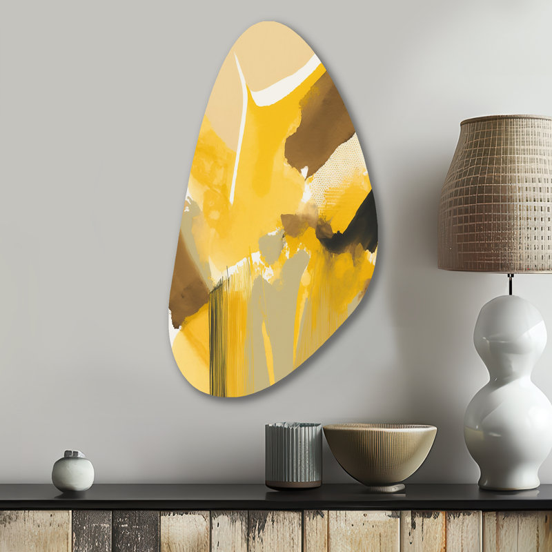 Moutarde jaune rétro I - Art abstrait encre liquide en forme d'automne, H 31 po x l 17 po