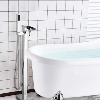 Bathroom Freestanding Waterfall Tub Filler Floor Mount Faucet With Hand Shower In Matte Black Spout And 59" Stainless Steel Hose