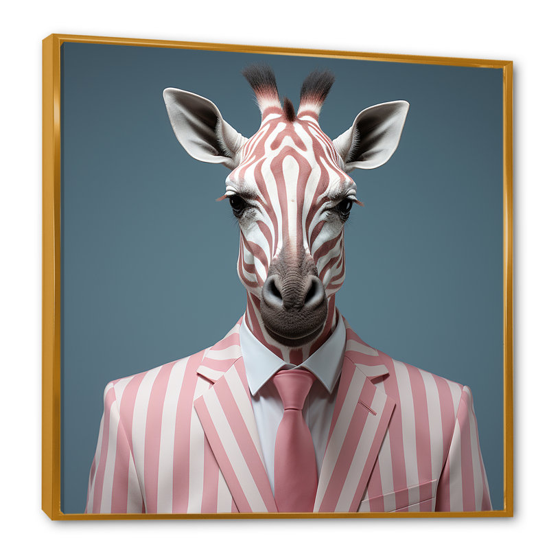 Élégance de mode girafe rose et blanche - Art mural animal girafe, Cadre flottant doré, H 16 po x l 16 po x P 1 po