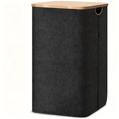 Laundry Hamper With Lid, 26 Gal Tall Laundry Basket With Bamboo Pull Handles And Internal Support (Black)