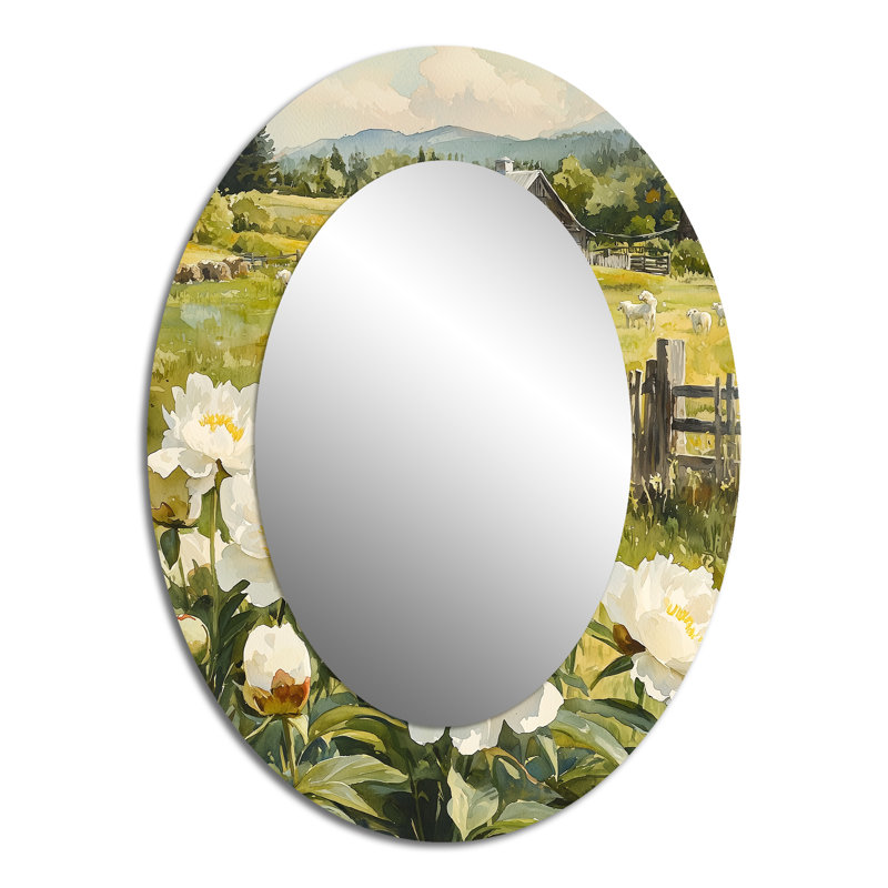 Farm pivoines dans la plaine de chèvre I - Miroir décoratif floral ovale sur métal, 40 po x 30 po