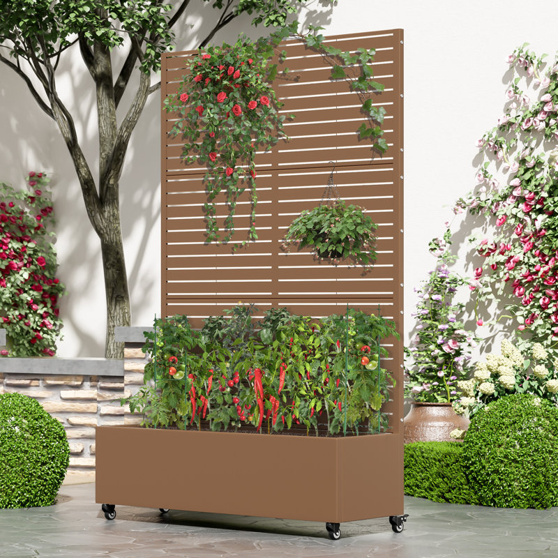 Lit de jardin en métal avec treillis et roues, H 72 po x l 47 po x P 16 po, Brun