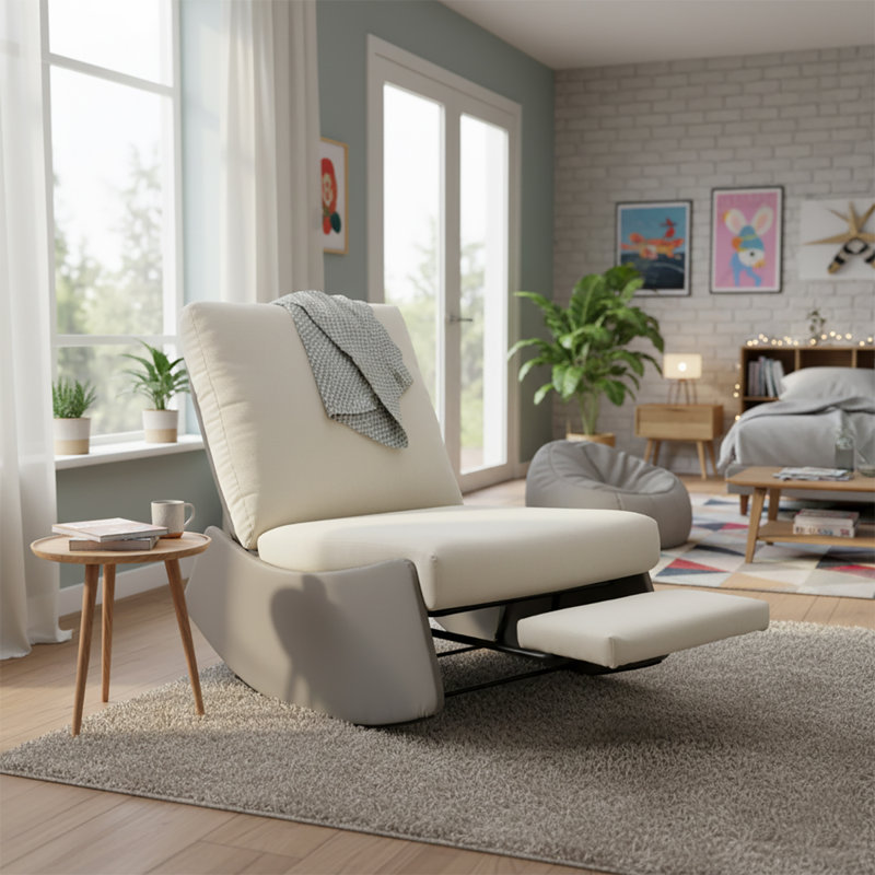 Élégante chaise berçante rembourrée en velours côtelé avec pieds en tissu d'ameublement en polyuréthane, Gris/beige