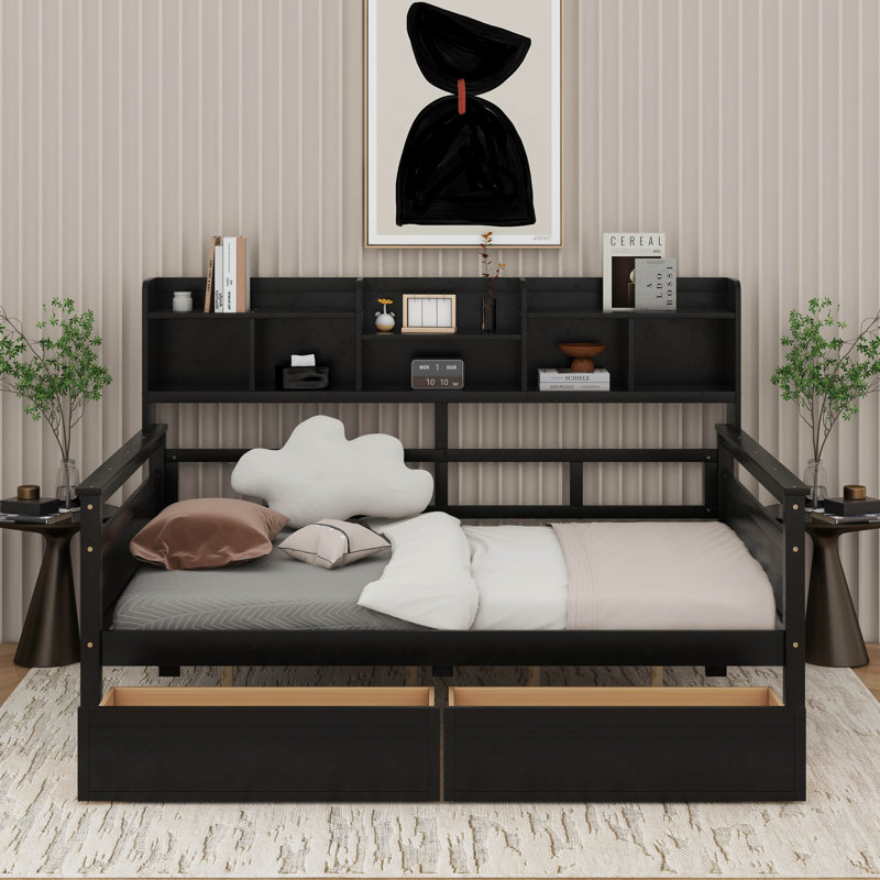 Bookcase Wood Daybed with Bedside Shelf and Two Drawers, Full/Double, White