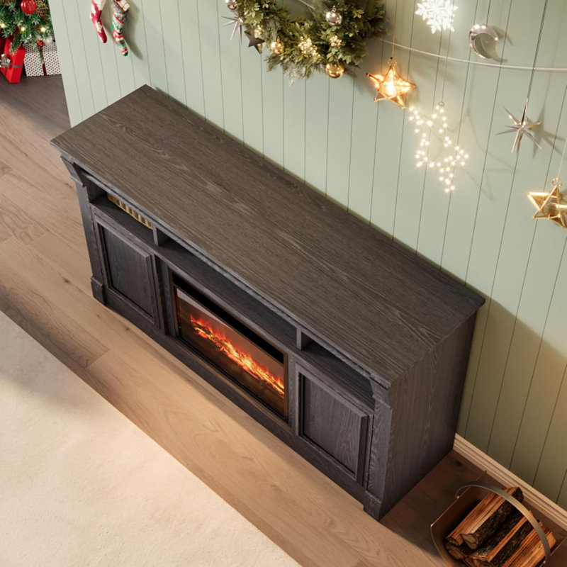 Farmhouse TV Stand, Wood and Engineered Wood Construction, 58" for TVs up to 65", Open Storage Cabinets, Media Console for Living Room（Fireplace not included）
