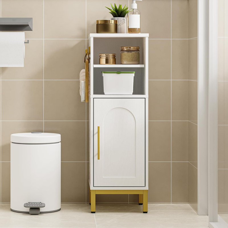Armoire de rangement pour salle de bain, armoire de coin avec porte et tablettes, 2 crochets, petit rangement étroit, armoires à papier hygiénique pour petit espace, blanc