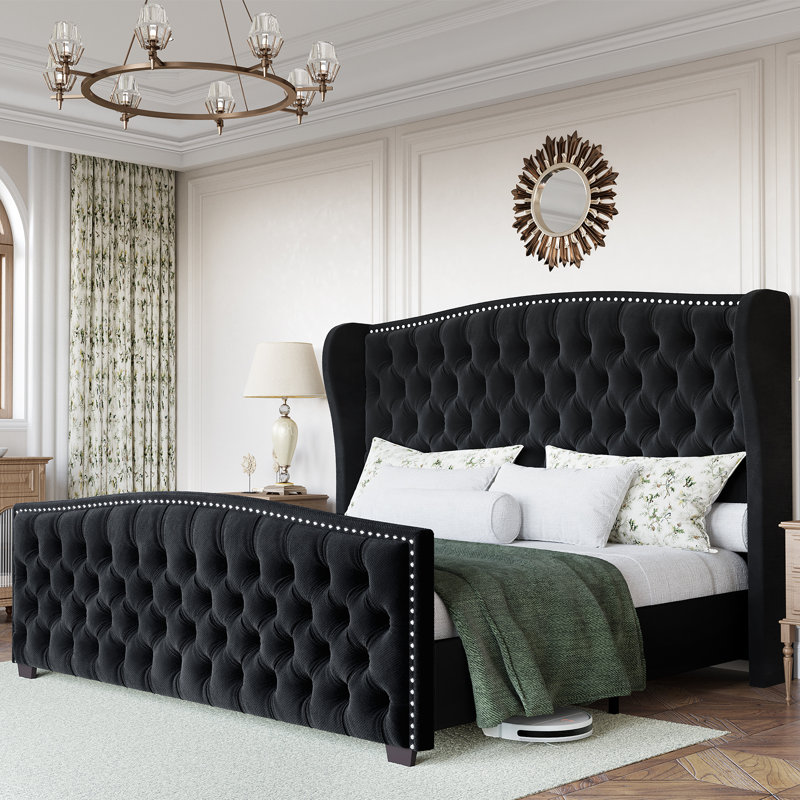 Platform Bed Frame With Wingback Headboard, Black, Queen