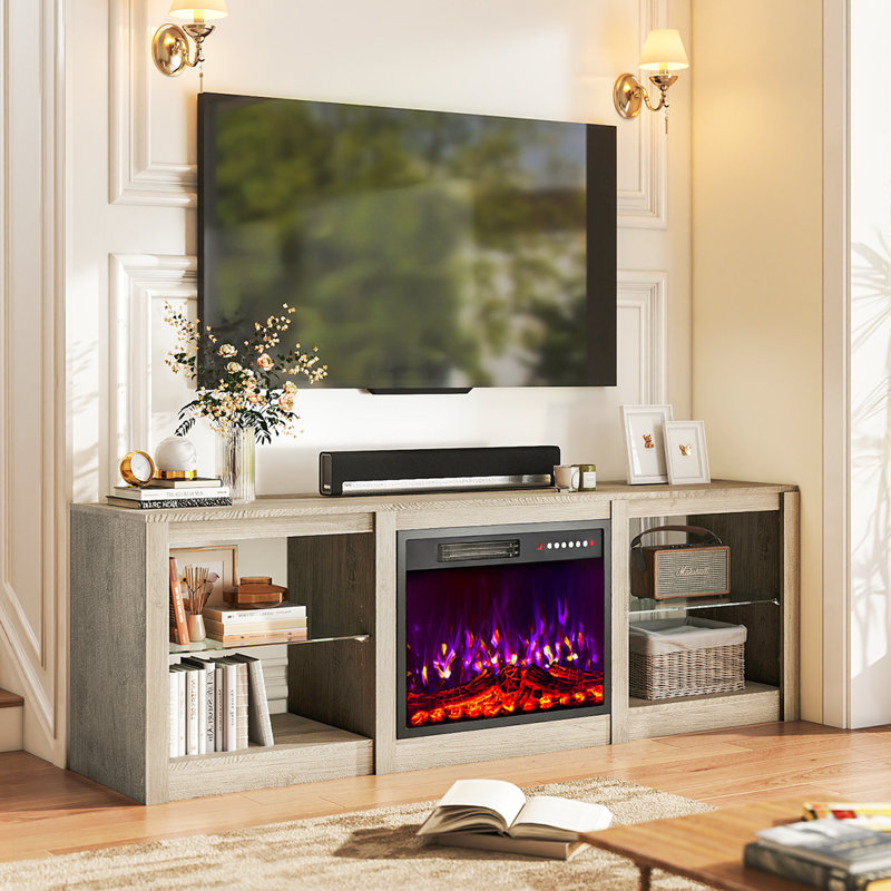 70'' Modern Fireplace Tv Stand With Led Lights & Adjustable Glass Shelves, Grey, Grey