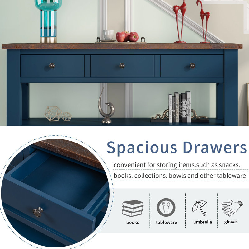 Emer 48.82 " W Solid Wood Top Console Table, Dark Brown, Navy Blue