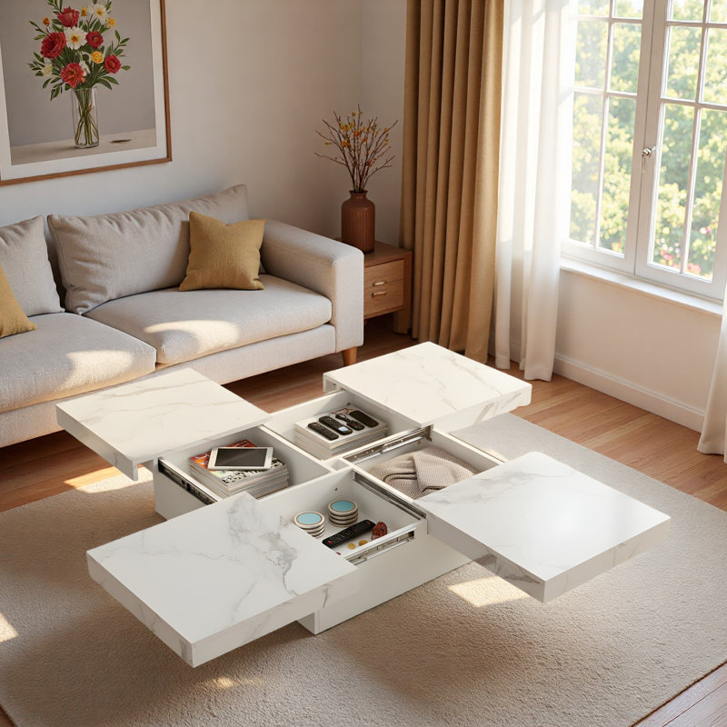 Table basse carrée en placage avec plateau coulissant et grand espace de rangement